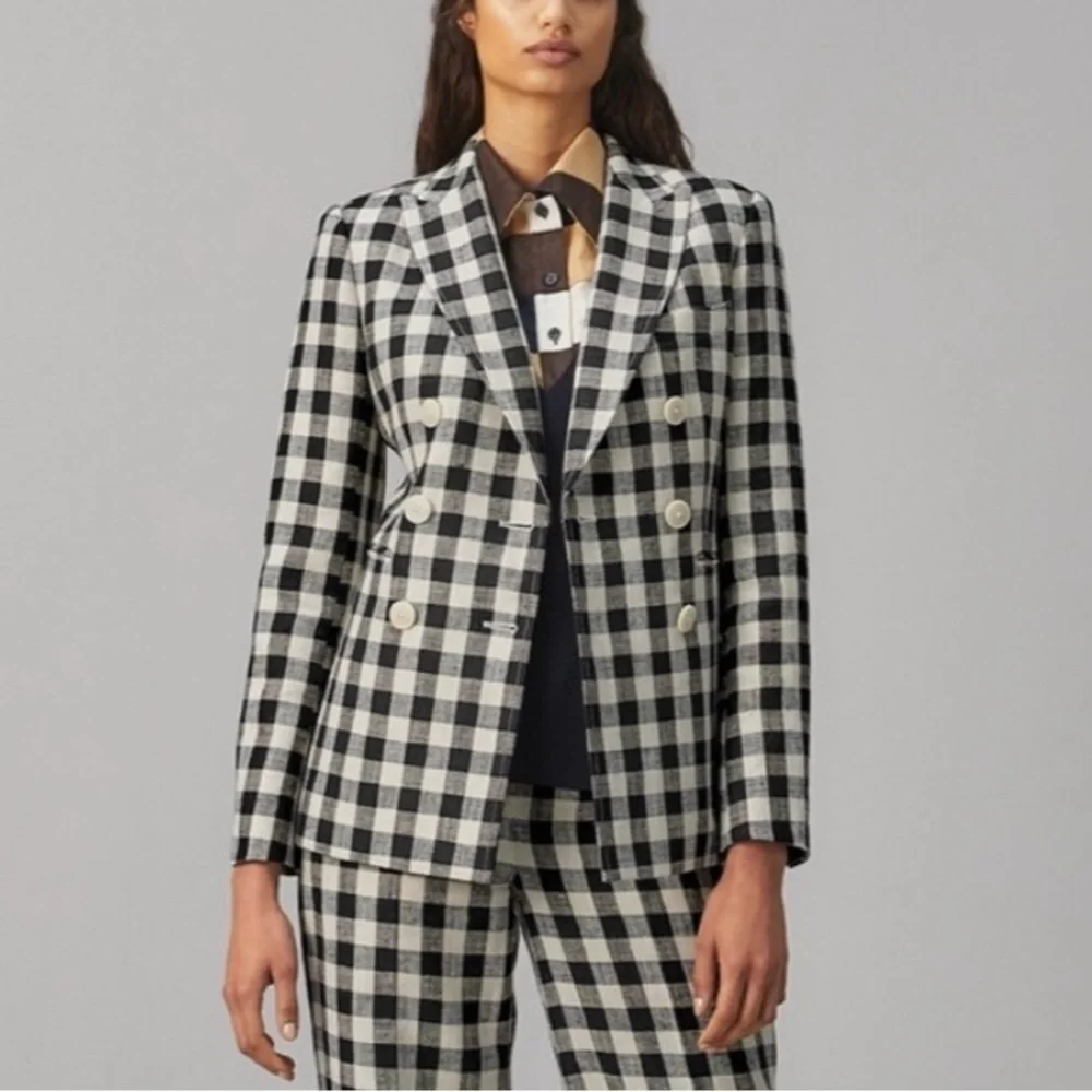 Tory Burch Tory Navy/Natural Ivory Linen Gingham Blazer size 10